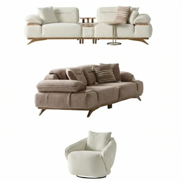 A modern living room featuring the Grace Sofa. The arrangement displays a plush taupe sofa and a matching cream sofa, both designed with distinctive integrated wooden side tables on the armrests and angled wooden legs. A white swivel armchair and a round wooden coffee table complete the cozy, contemporary look of this furniture from Turkey.