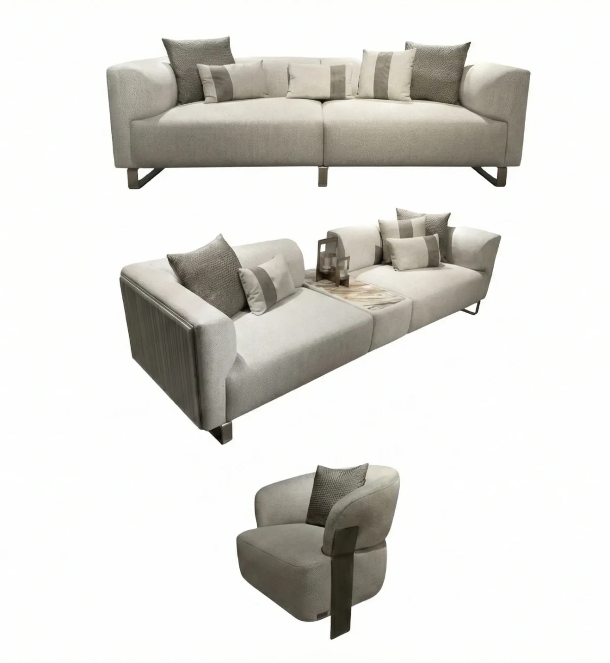 A luxurious modular Grandeur sofa set in a bright, modern living room. The set features cream-colored fabric upholstery with rectangular cushions and sleek gold metallic legs. Beside the modular sections sits a matching rounded armchair with gold accents. The scene includes minimalist decor, a marble coffee table, and large windows, highlighting the elegant design of the Grandeur furniture from Turkey.