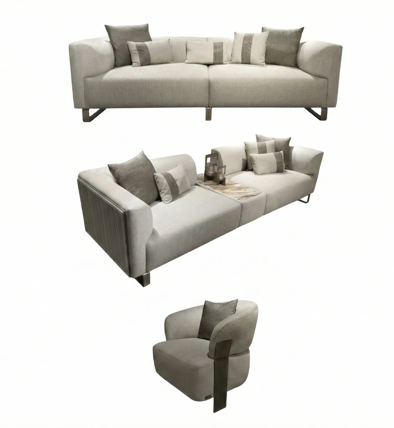 GrandeurSofaLivingRoomFurnitureTurkeyf f 1 A luxurious modular Grandeur sofa set in a bright, modern living room. The set features cream-colored fabric upholstery with rectangular cushions and sleek gold metallic legs. Beside the modular sections sits a matching rounded armchair with gold accents. The scene includes minimalist decor, a marble coffee table, and large windows, highlighting the elegant design of the Grandeur furniture from Turkey.