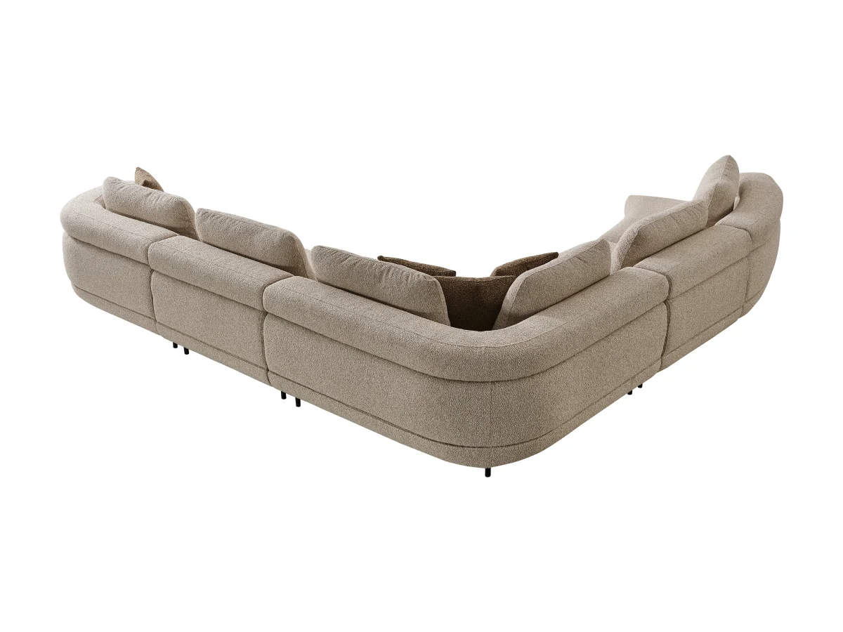 The distinguished Harmoni Prime Lounge Soft Trio Set in a bright, modern interior with curved architectural details and warm brown accents, embodying a sense of balance and harmony.