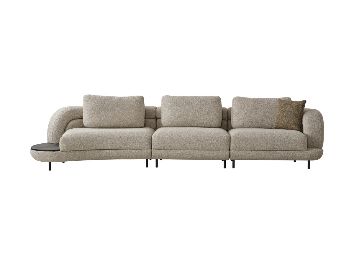 Harmoni Sofa 3-Seater Curve Edition featuring a sophisticated organic silhouette, premium textured bouclé fabric, and a sleek integrated minimalist side table on a low-profile base.