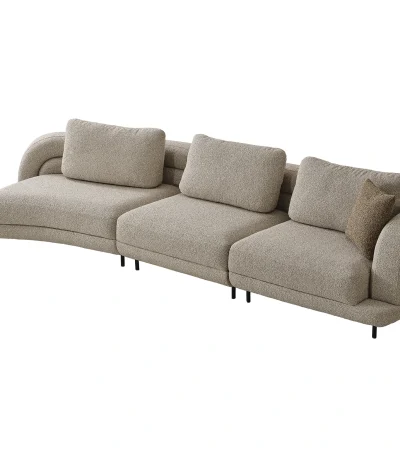 Harmoni Sofa 3-Seater Curve Edition featuring a sophisticated organic silhouette, premium textured bouclé fabric, and a sleek integrated minimalist side table on a low-profile base.