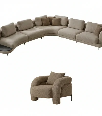 Harmoni Prime Lounge Soft Trio Set featuring a large curved modular sofa in cream, paired with a matching accent chair, modern interior.