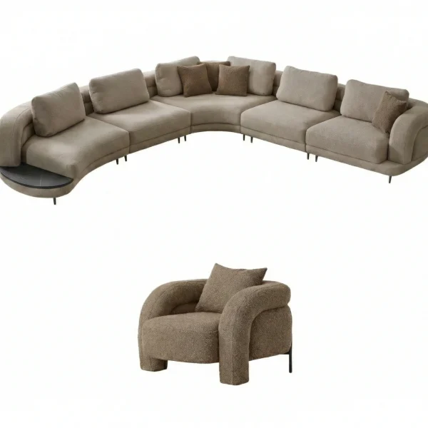 Harmoni Prime Lounge Soft Trio Set featuring a large curved modular sofa in cream, paired with a matching accent chair, modern interior.