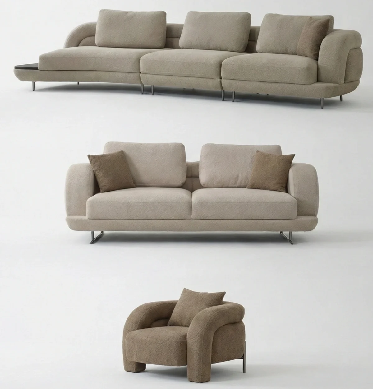 Close-up of the Harmoni Prime Lounge Soft Set featuring its sculptural curved silhouette, premium off-white bouclé upholstery, and seamless modular segments designed for ergonomic luxury.