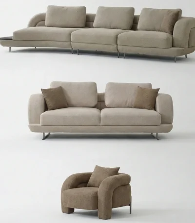 Close-up of the Harmoni Prime Lounge Soft Set featuring its sculptural curved silhouette, premium off-white bouclé upholstery, and seamless modular segments designed for ergonomic luxury.