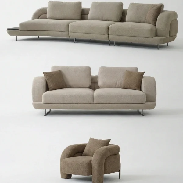 Close-up of the Harmoni Prime Lounge Soft Set featuring its sculptural curved silhouette, premium off-white bouclé upholstery, and seamless modular segments designed for ergonomic luxury.