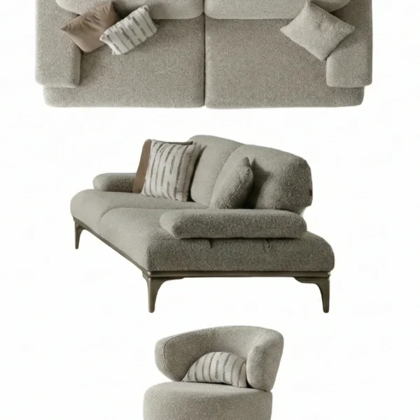 A modern Horizon Sofa set arranged in a chic living room. The furniture features textured grey upholstery with distinctive folded armrests and sleek champagne gold metallic legs. A matching round swivel armchair and a white coffee table with a cylindrical pouf complete the contemporary Turkish furniture ensemble.