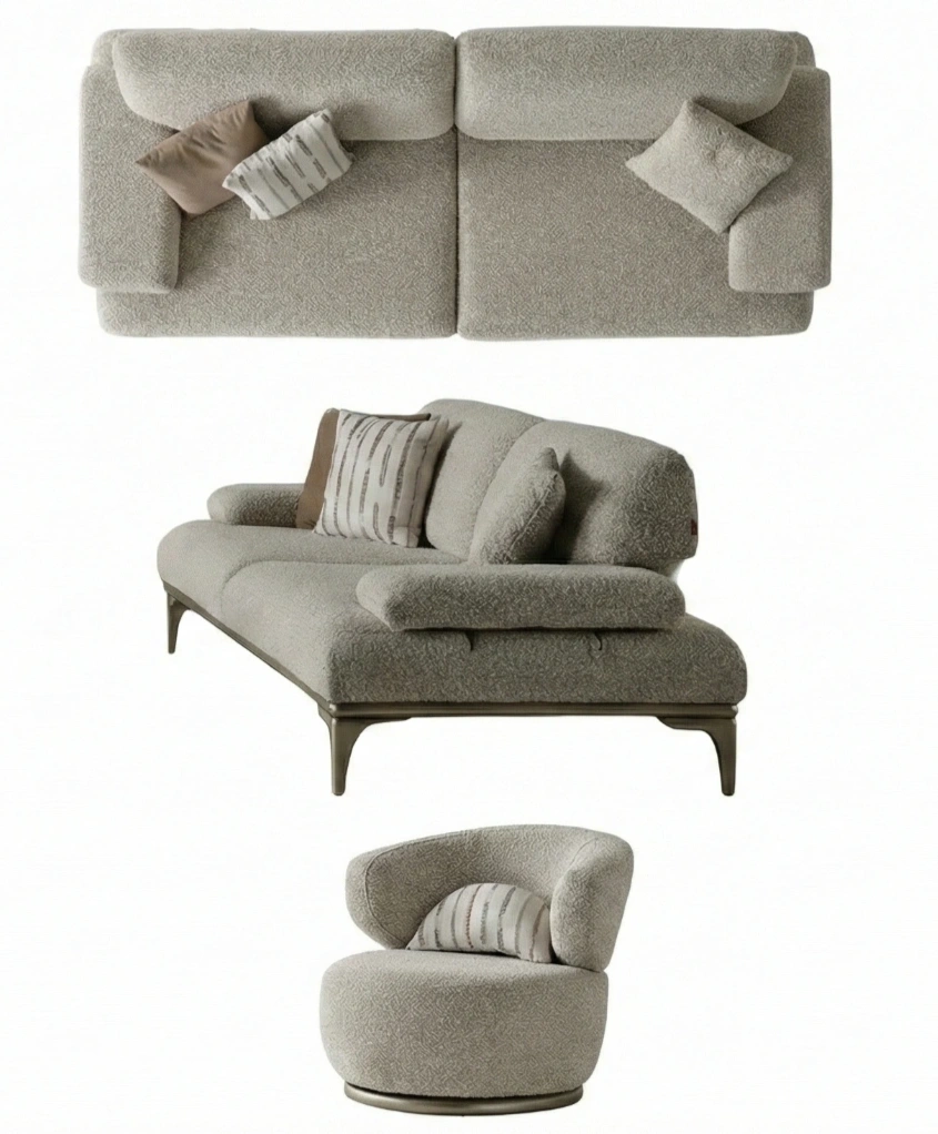 HorizonSofaModernLuxurySofasFromTurkey f 1 A modern Horizon Sofa set arranged in a chic living room. The furniture features textured grey upholstery with distinctive folded armrests and sleek champagne gold metallic legs. A matching round swivel armchair and a white coffee table with a cylindrical pouf complete the contemporary Turkish furniture ensemble.