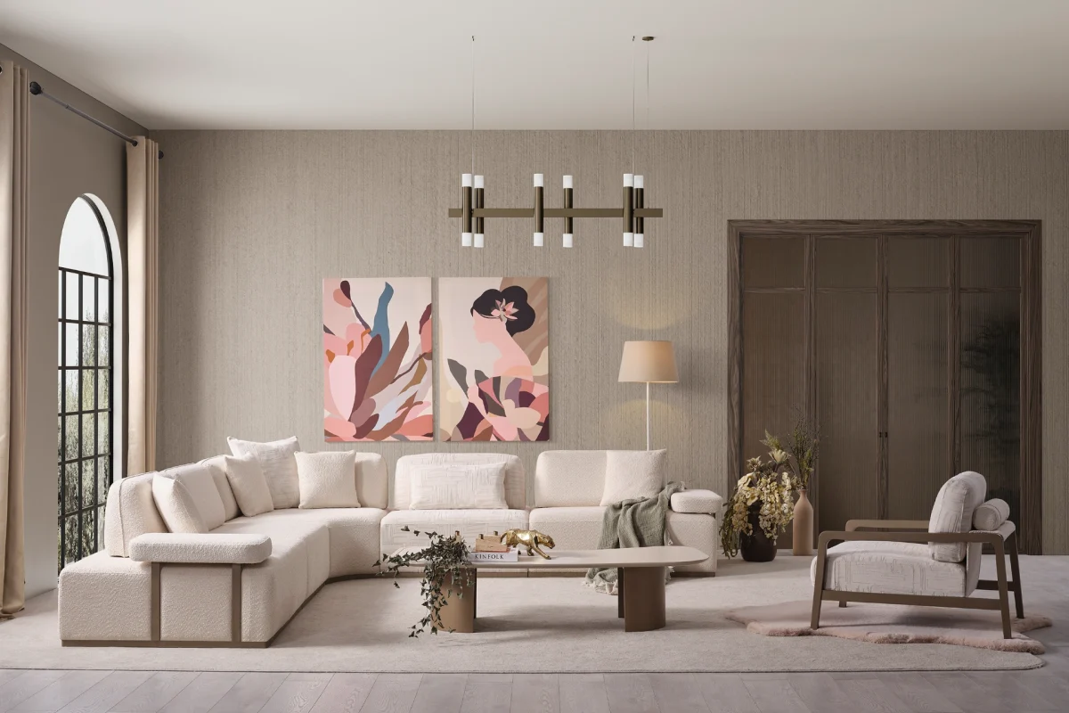 The Inara Corner Sofa Set adds a sophisticated touch to your living space with its timeless fabric and minimalist design. Its modular structure allows it to perfectly fit into any room.