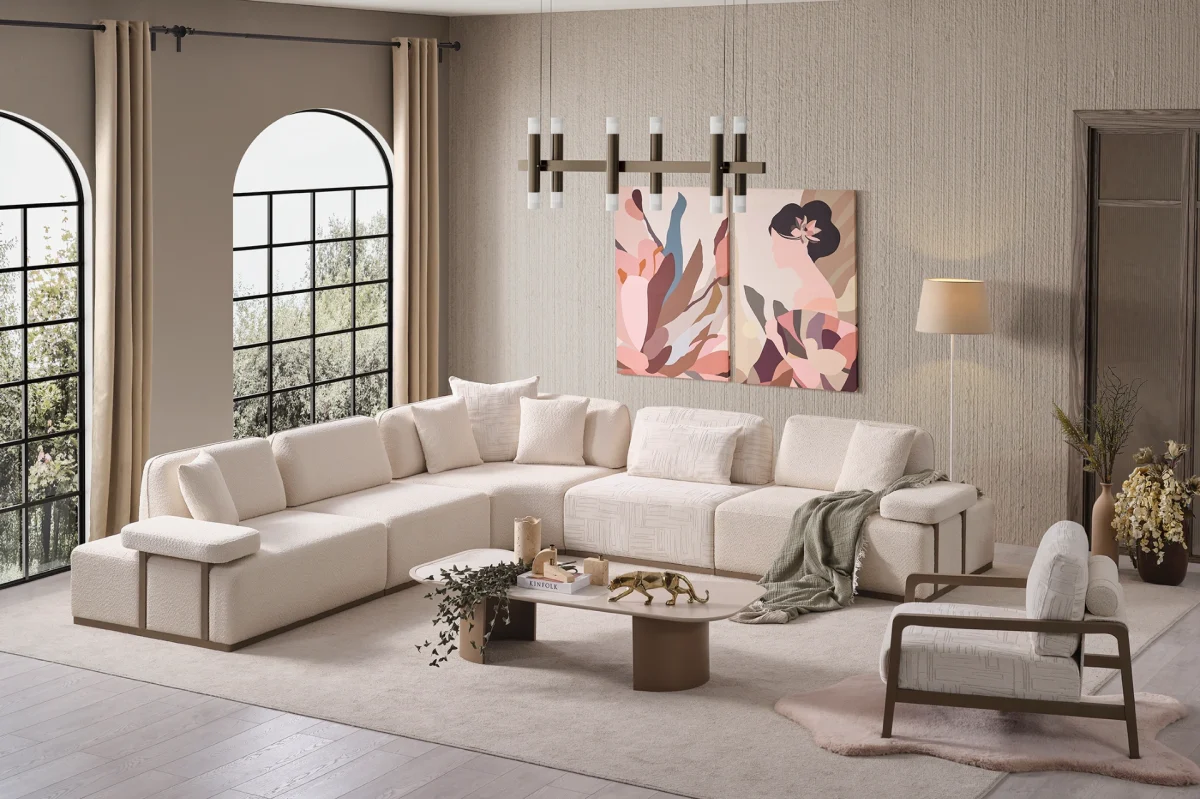 The Inara Corner Sofa Set adds a sophisticated touch to your living space with its timeless fabric and minimalist design. Its modular structure allows it to perfectly fit into any room.