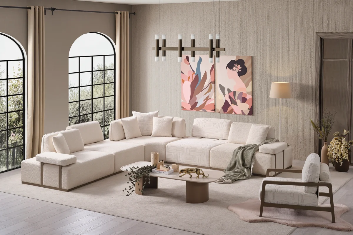 The Inara Corner Sofa Set adds a sophisticated touch to your living space with its timeless fabric and minimalist design. Its modular structure allows it to perfectly fit into any room.