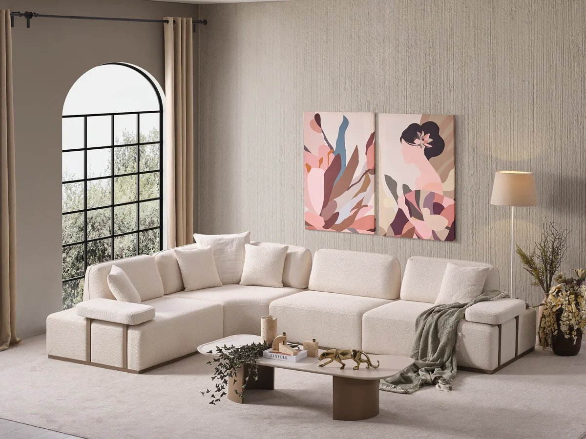 The Inara Corner Sofa Set adds a sophisticated touch to your living space with its timeless fabric and minimalist design. Its modular structure allows it to perfectly fit into any room.