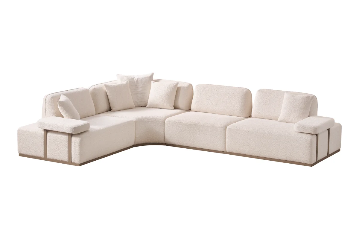 The Inara Corner Sofa adds a sophisticated touch to your living space with its timeless fabric and minimalist design. Its modular structure allows it to perfectly fit into any room.