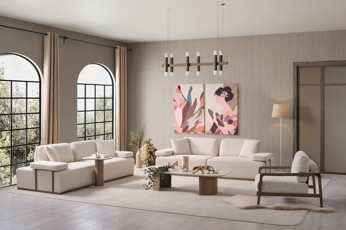 The Inara Corner Sofa Set adds a sophisticated touch to your living space with its timeless fabric and minimalist design. Its modular structure allows it to perfectly fit into any room.