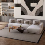 Kiva Corner Sofa featuring a modular design with light grey textured upholstery, low-profile seating, integrated wooden side table, and decorative patterned cushions in a minimalist modern living room.