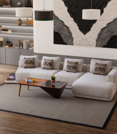 Kiva Corner Sofa featuring a modular design with light grey textured upholstery, low-profile seating, integrated wooden side table, and decorative patterned cushions in a minimalist modern living room.