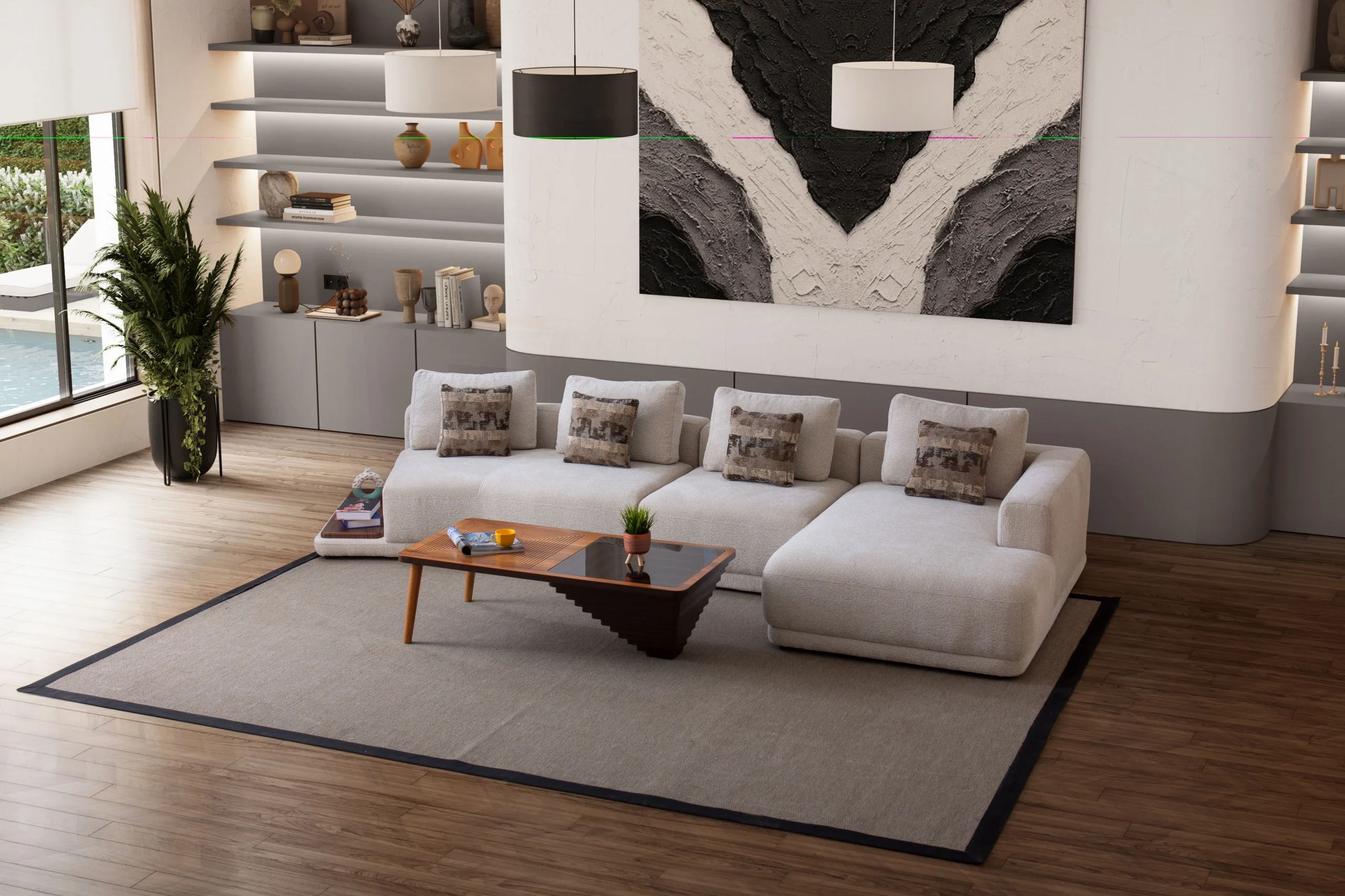 Kiva Corner Sofa - Corner Relax Sofa Turkey - Modern Corner Furniture 2 Kiva Corner Sofa featuring a modular design with light grey textured upholstery, low-profile seating, integrated wooden side table, and decorative patterned cushions in a minimalist modern living room.