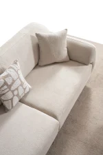 Modern rounded sofa with white boucle fabric and wooden base, luxury turkish furniture.