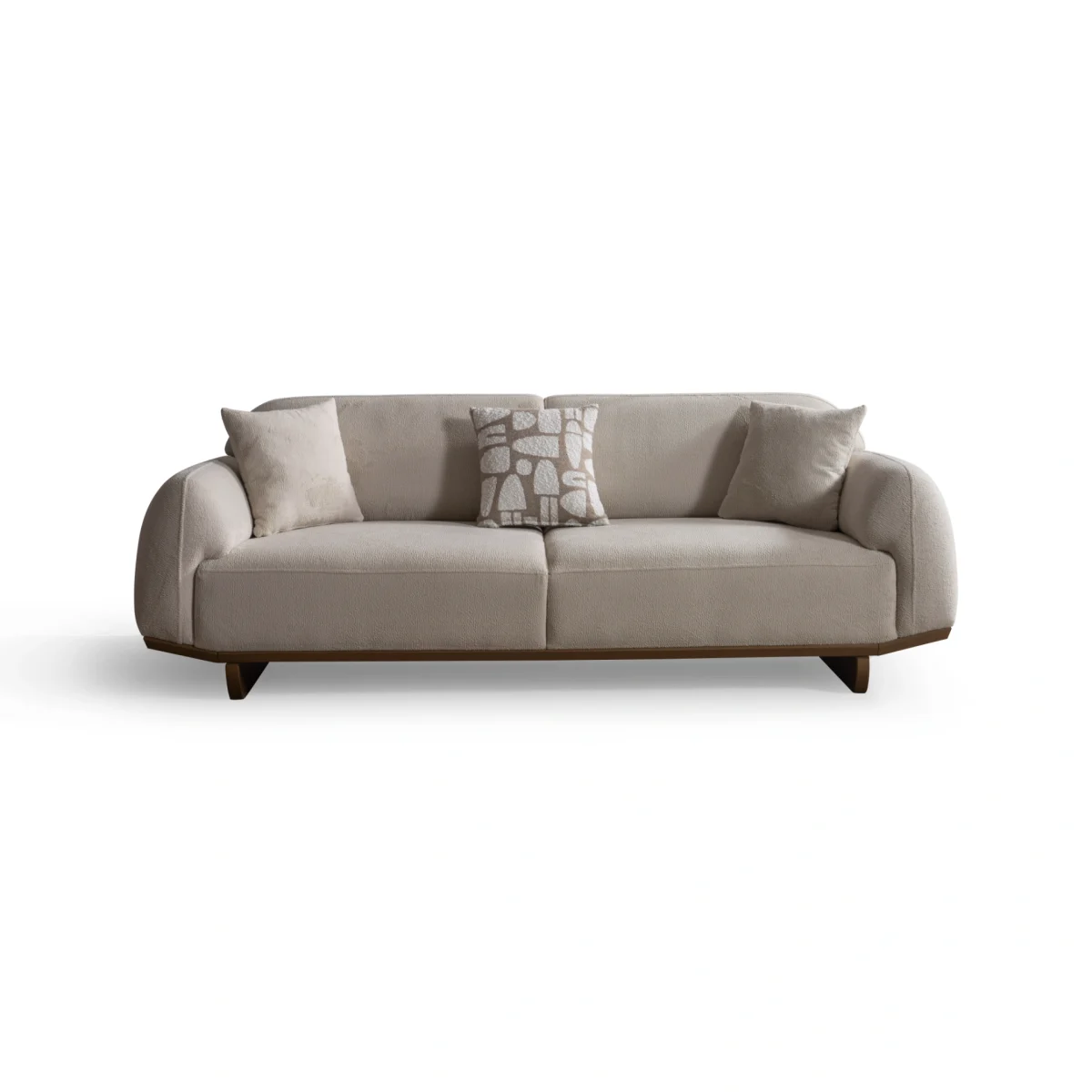 Modern rounded sofa with white boucle fabric and wooden base, luxury turkish furniture.