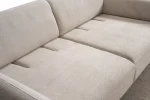 Modern rounded sofa with white boucle fabric and wooden base, luxury turkish furniture.