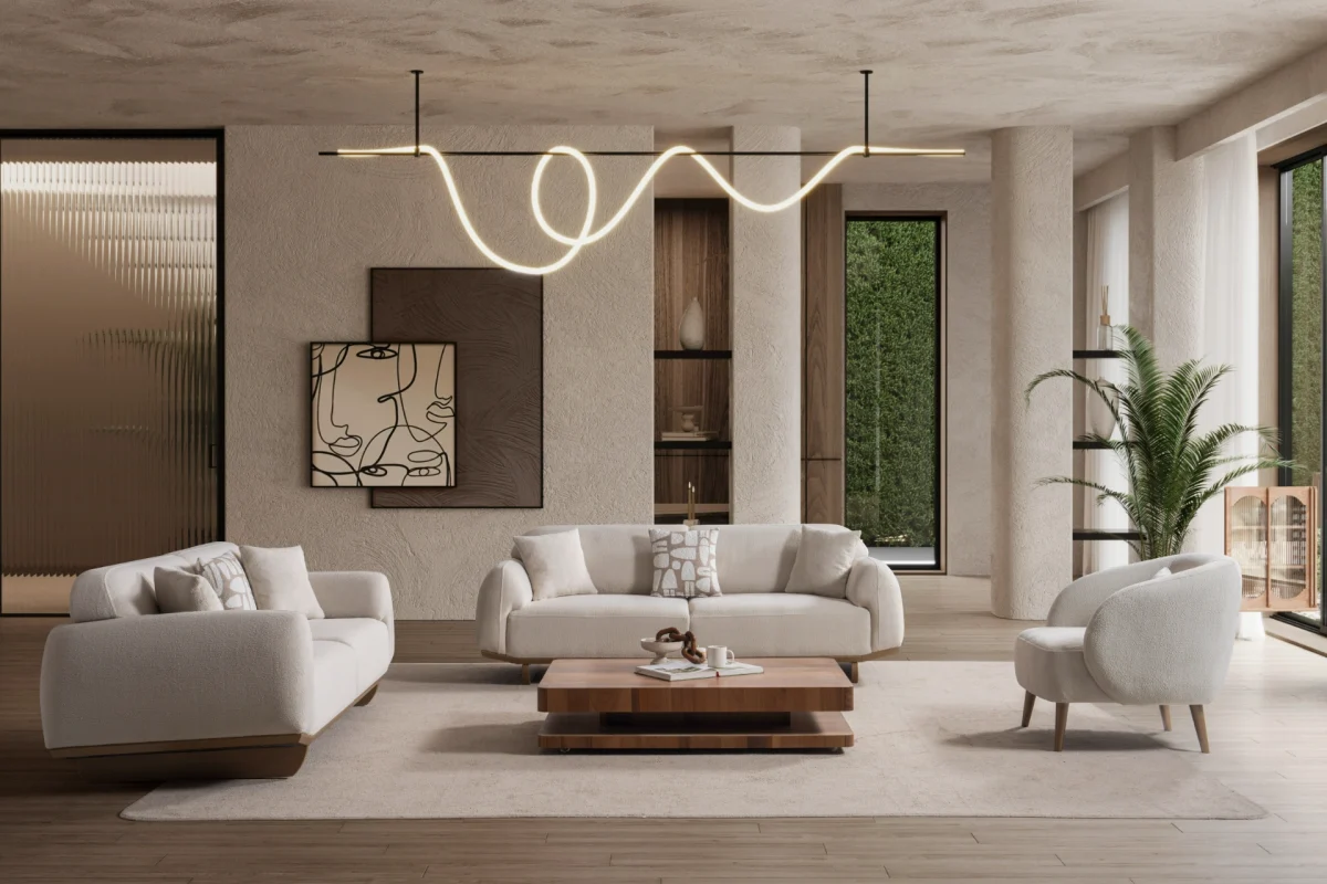 Laos Sofa Set by SofaTurkey featuring a modern rounded design in premium white boucle fabric, including two sofas and an armchair in a minimalist living room setting.