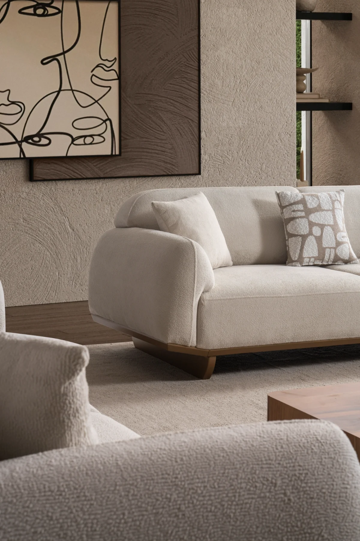 Modern rounded sofa with white boucle fabric and wooden base, luxury turkish furniture.
