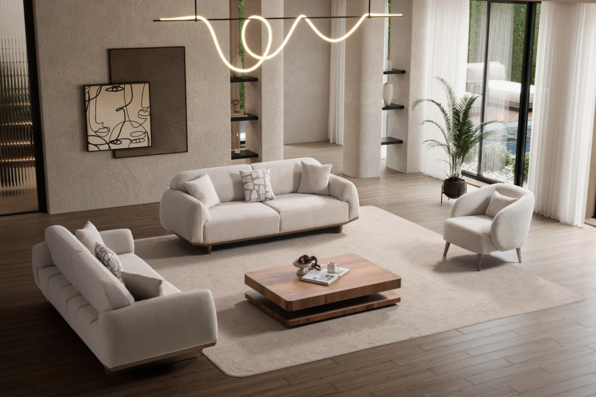 Laos Sofa Set by SofaTurkey featuring a modern rounded design in premium white boucle fabric, including two sofas and an armchair in a minimalist living room setting.