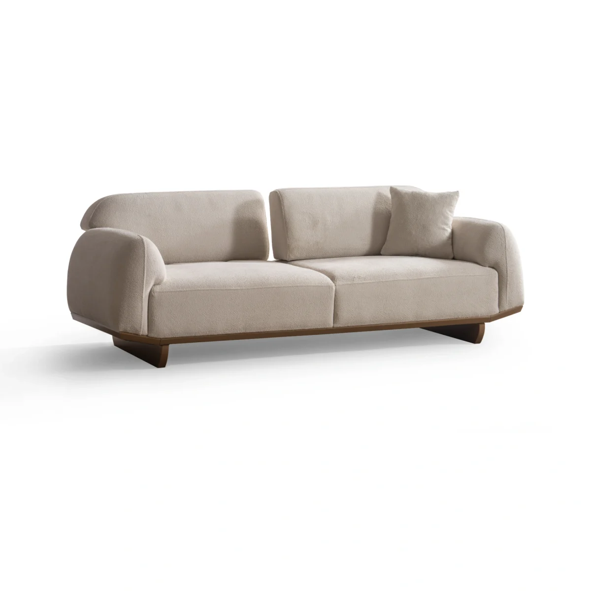 Modern rounded sofa with white boucle fabric and wooden base, luxury turkish furniture.
