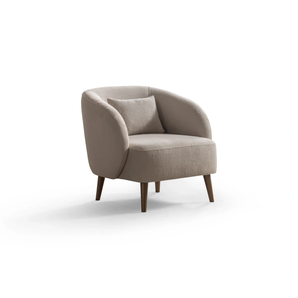 Laos Armchair - Minimalist rounded boucle accent chair with tapered wooden legs.