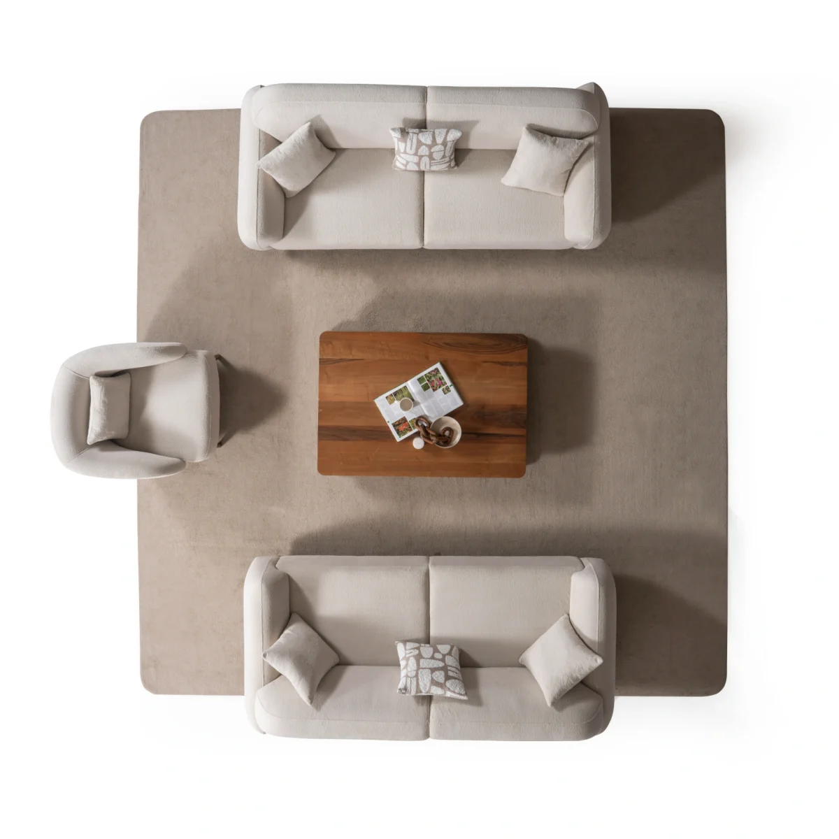 Laos Sofa Set by SofaTurkey featuring a modern rounded design in premium white boucle fabric, including two sofas and an armchair in a minimalist living room setting.