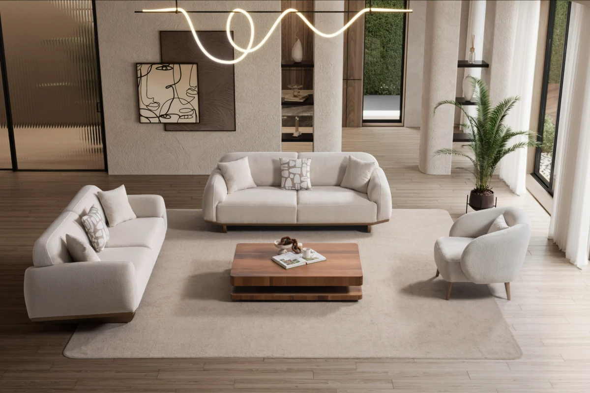 Laos Sofa Set by SofaTurkey featuring a modern rounded design in premium white boucle fabric, including two sofas and an armchair in a minimalist living room setting.