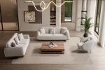 Laos Sofa Set by SofaTurkey featuring a modern rounded design in premium white boucle fabric, including two sofas and an armchair in a minimalist living room setting.