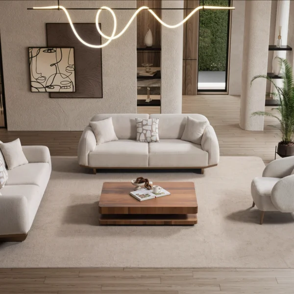 Laos Sofa Set by SofaTurkey featuring a modern rounded design in premium white boucle fabric, including two sofas and an armchair in a minimalist living room setting.