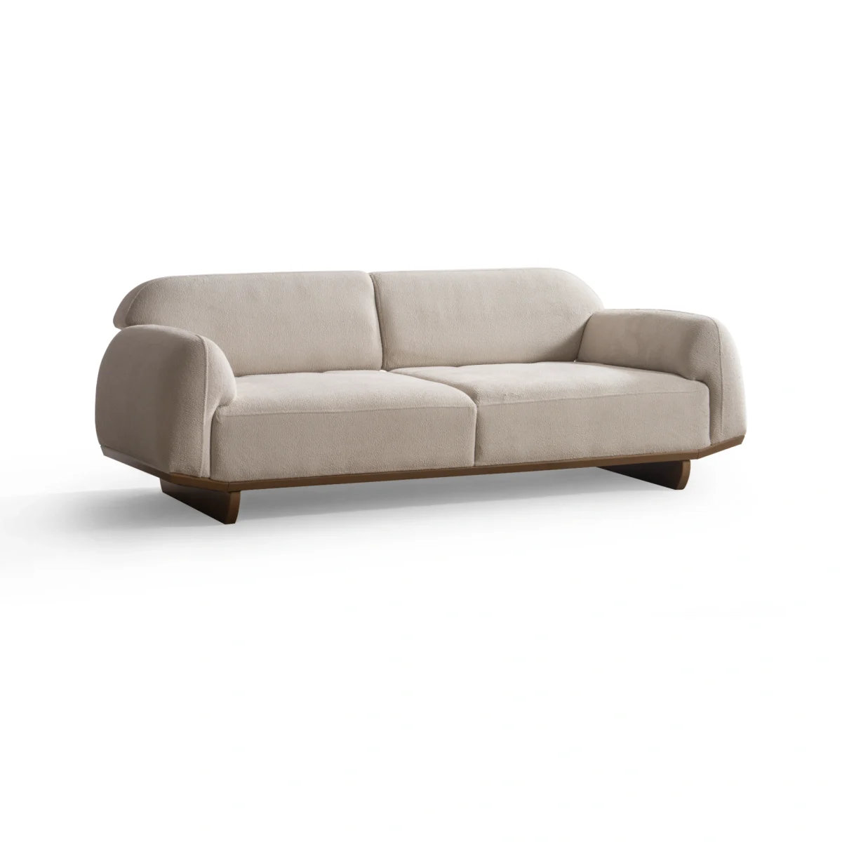 Modern rounded sofa with white boucle fabric and wooden base, luxury turkish furniture.