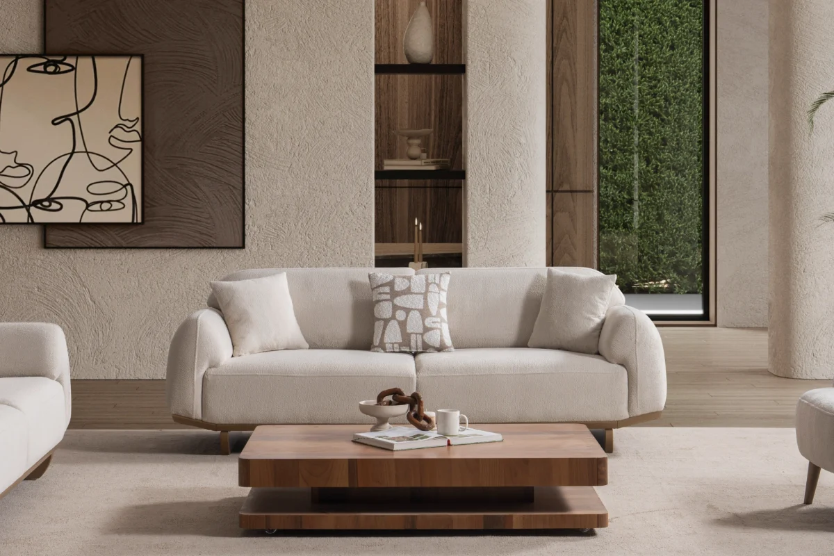 Laos Sofa Set by SofaTurkey featuring a modern rounded design in premium white boucle fabric, including two sofas and an armchair in a minimalist living room setting.