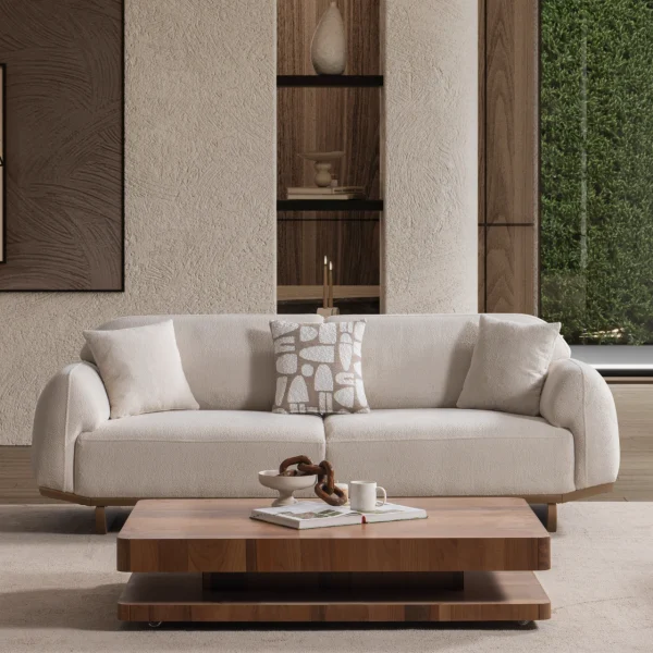 Laos Sofa Set by SofaTurkey featuring a modern rounded design in premium white boucle fabric, including two sofas and an armchair in a minimalist living room setting.