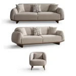 Modern rounded sofa with white boucle fabric and wooden base, luxury turkish furniture.