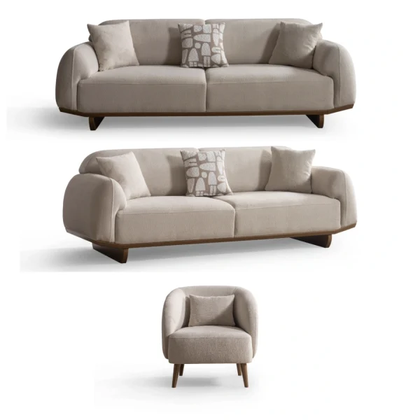 Modern rounded sofa with white boucle fabric and wooden base, luxury turkish furniture.