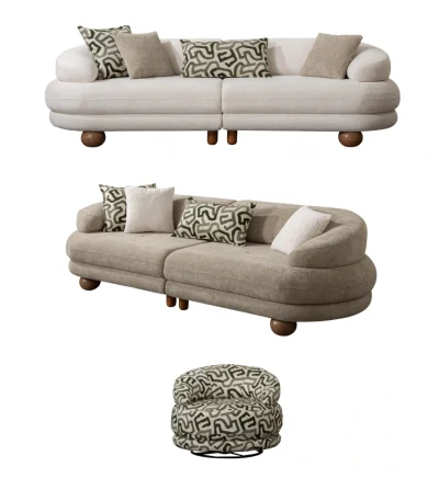 The Lara Sofa Set is more than just a piece of furniture; it's a design statement. Inspired by the fluid shapes of nature, this set eliminates sharp edges, opting instead for organic curves. Upholstered in high-density fabric, this set offers a luxurious experience that appeals to both the touch and the eye.