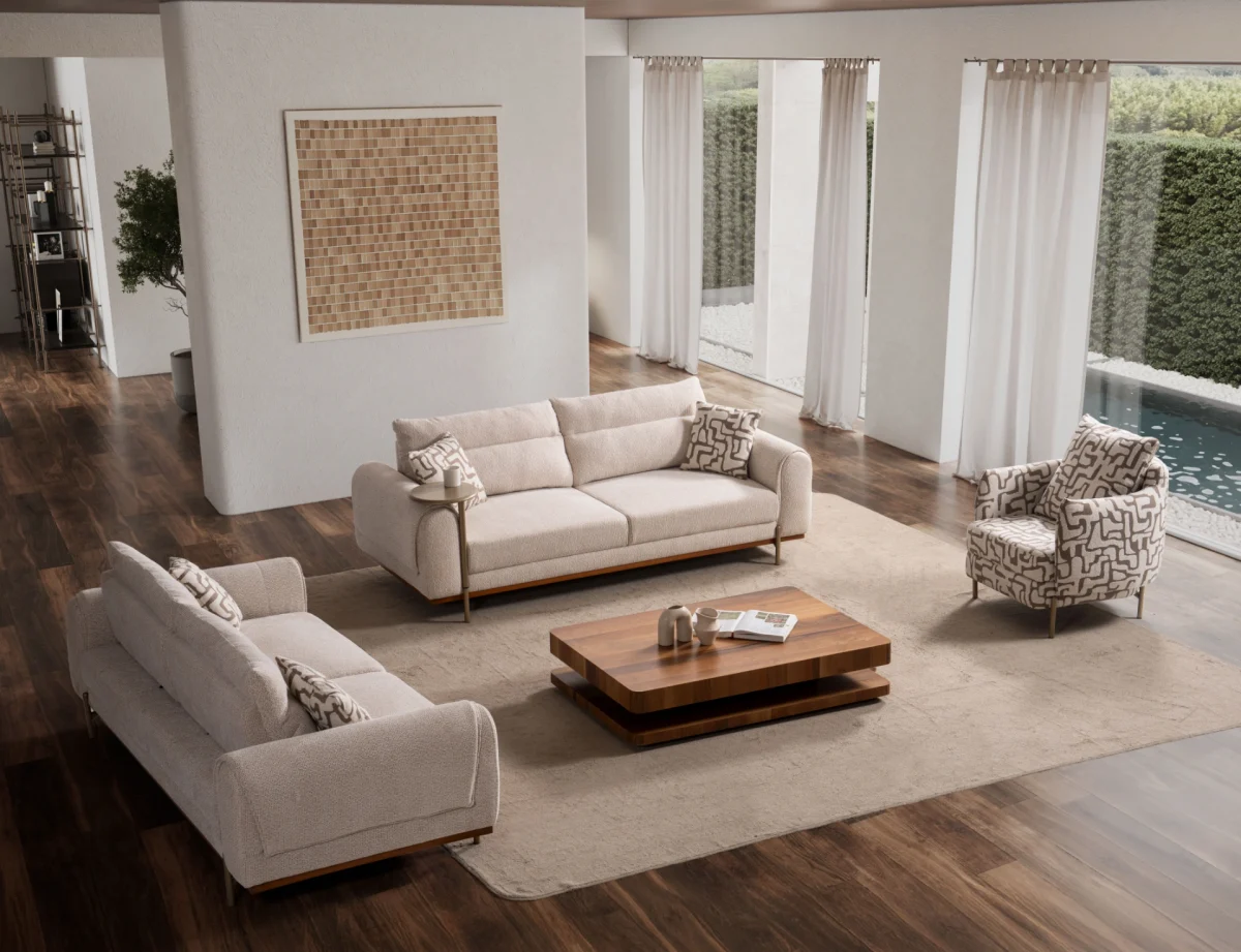 A complete modern living room sofa set composed of two spacious multi-seater sofas with integrated metal side trays and a matching accent armchair with geometric pattern upholstery, centered around a warm wooden coffee table.