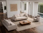 A complete modern living room sofa set composed of two spacious multi-seater sofas with integrated metal side trays and a matching accent armchair with geometric pattern upholstery, centered around a warm wooden coffee table.