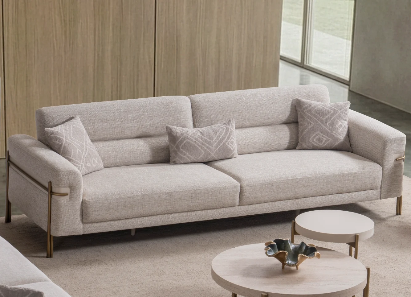 Lina Three Seater sofa adjustable motion functional sofa Sofaturkey living room furniture 1 Lina Three Seater Sofa featuring distinct armrest accents, metallic leg details, and a spacious seat cushion layout.