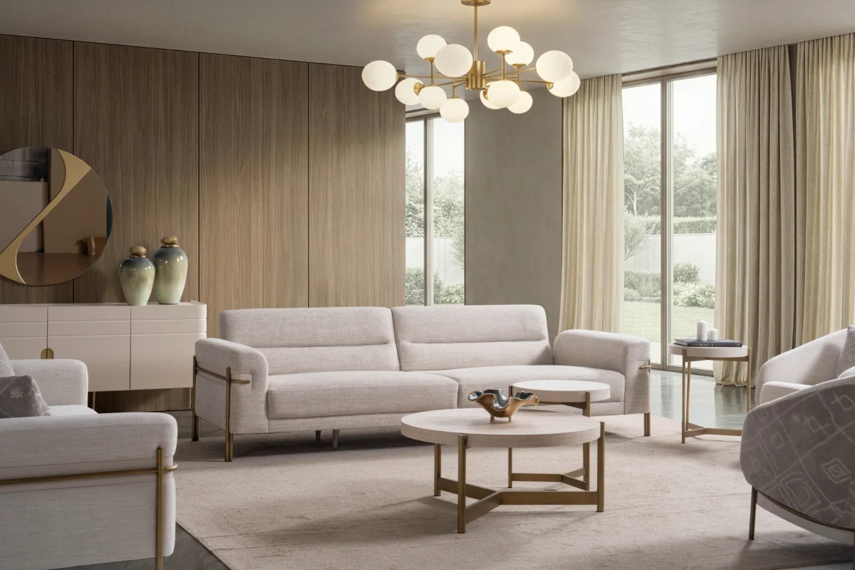 Lina Three Seater Sofa featuring distinct armrest accents, metallic leg details, and a spacious seat cushion layout.