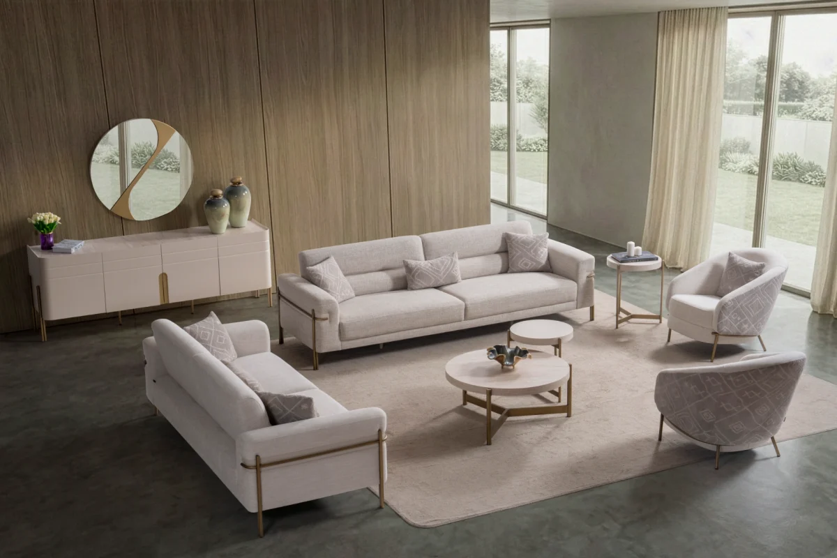 Lina Sofa Set featuring two modern sofas and a rounded accent armchair arranged in a living room.
