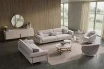 Lina Sofa Set featuring two modern sofas and a rounded accent armchair arranged in a living room.