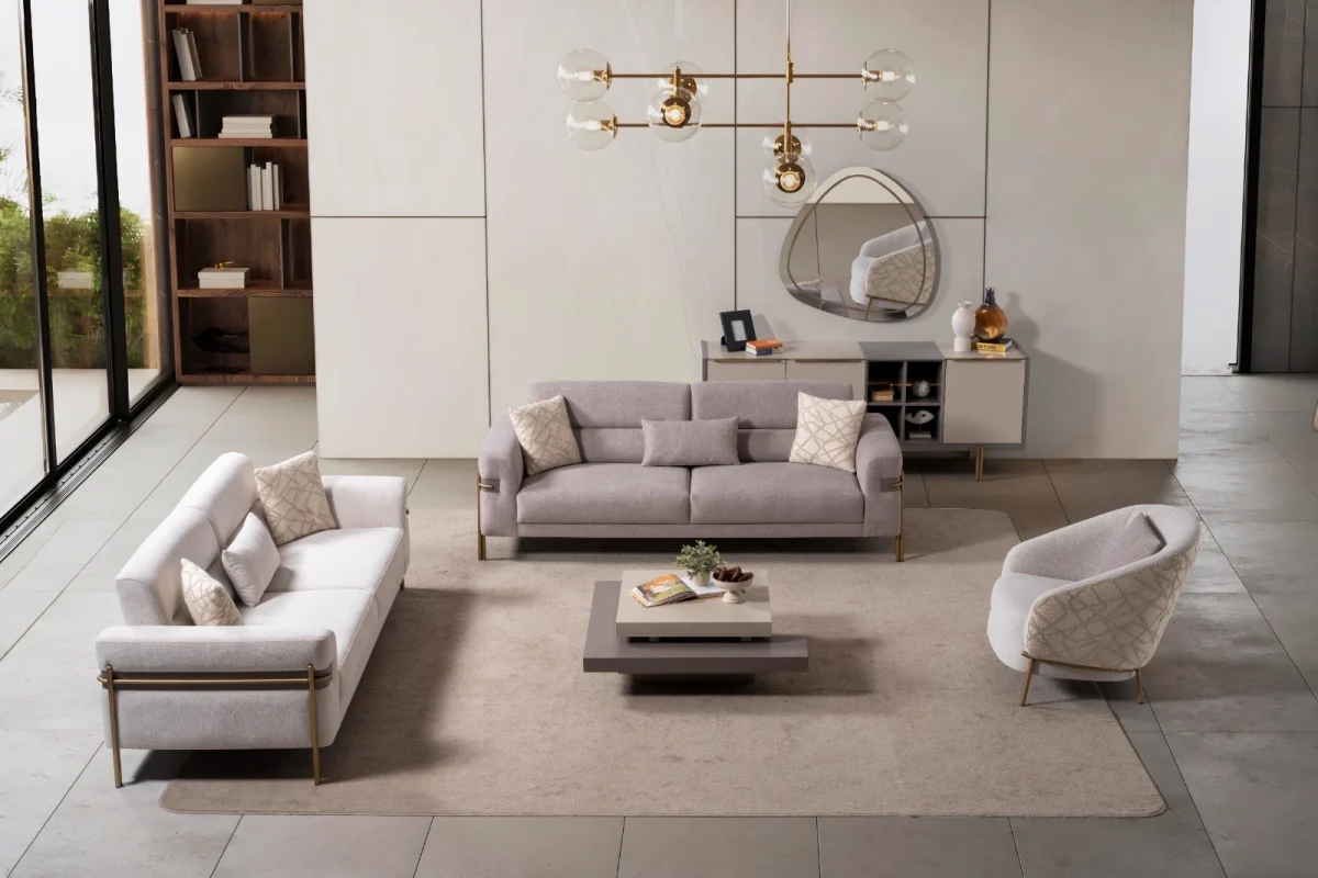 Lina Set Sofa Set featuring two modern sofas and a rounded accent armchair arranged in a living room.