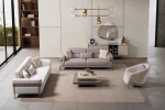 Lina Set Sofa Set featuring two modern sofas and a rounded accent armchair arranged in a living room.