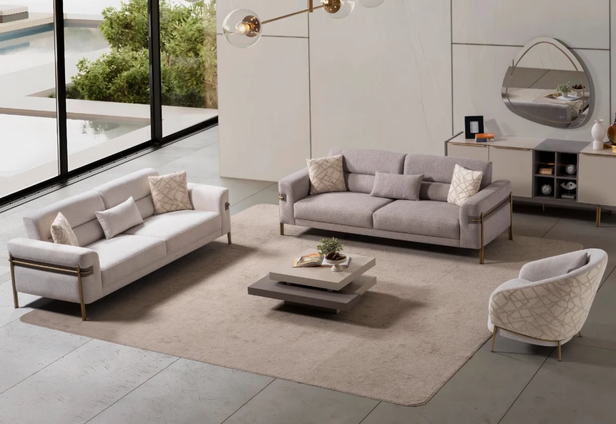 Lina Set Sofa featuring two modern sofas and a rounded accent armchair arranged in a living room.