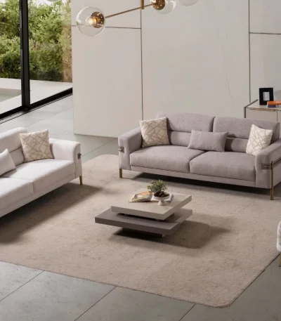 Lina Set Sofa featuring two modern sofas and a rounded accent armchair arranged in a living room.
